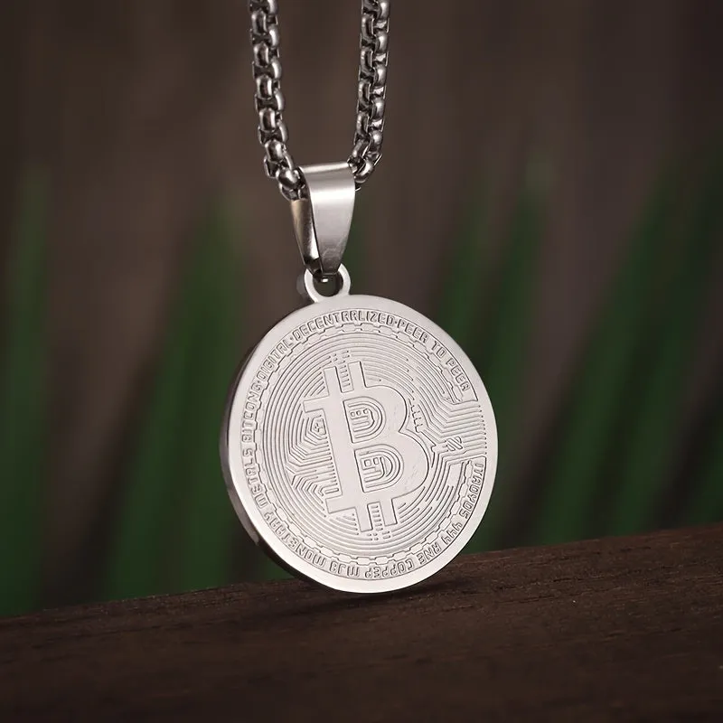 Stainless Steel Bitcoin Coin Pendant Necklace Charm Jewelry