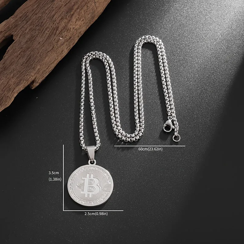 Stainless Steel Bitcoin Coin Pendant Necklace Charm Jewelry