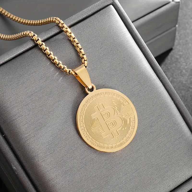 Stainless Steel Bitcoin Coin Pendant Necklace Charm Jewelry