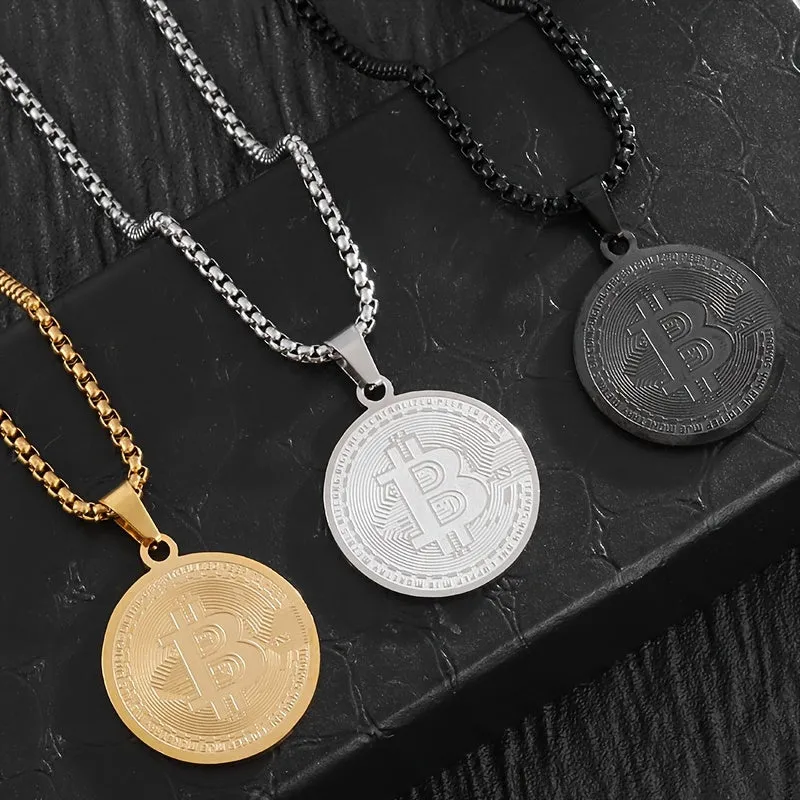 Stainless Steel Bitcoin Coin Pendant Necklace Charm Jewelry