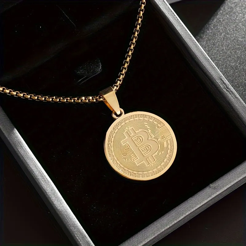 Stainless Steel Bitcoin Coin Pendant Necklace Charm Jewelry