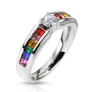 Stainless Steel Clear Center Gem and Rainbow CZ's Engagement Band Ring