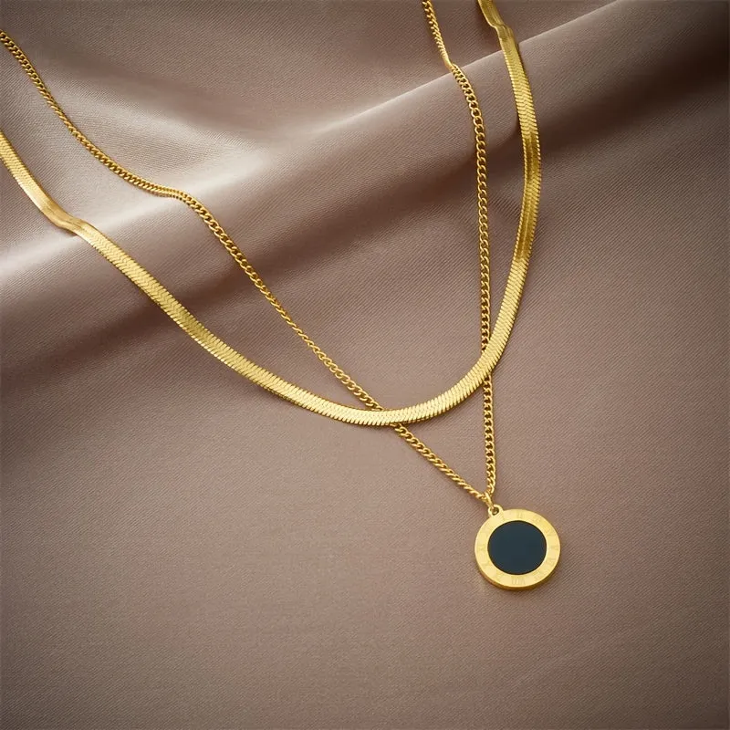 Stainless Steel Double Layer Necklace with Roman Numeral Coin Pendant