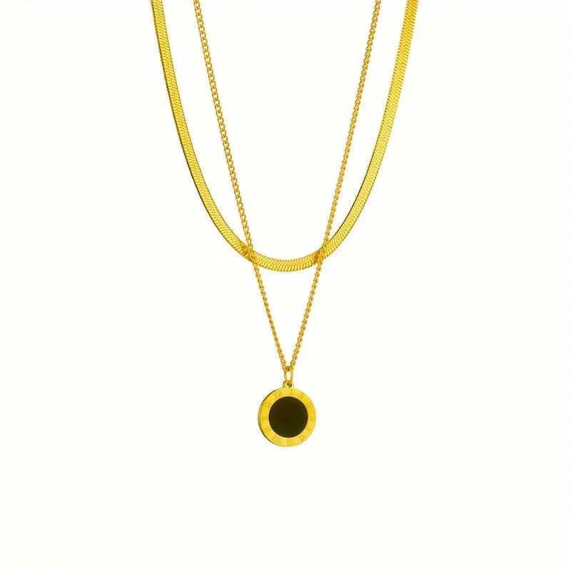 Stainless Steel Double Layer Necklace with Roman Numeral Coin Pendant