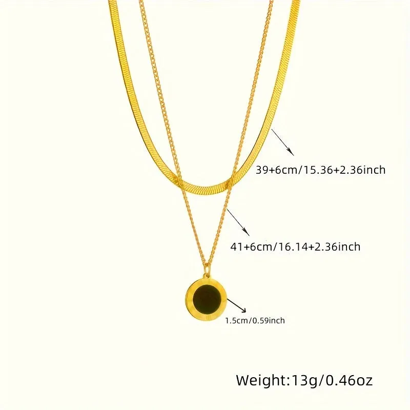 Stainless Steel Double Layer Necklace with Roman Numeral Coin Pendant