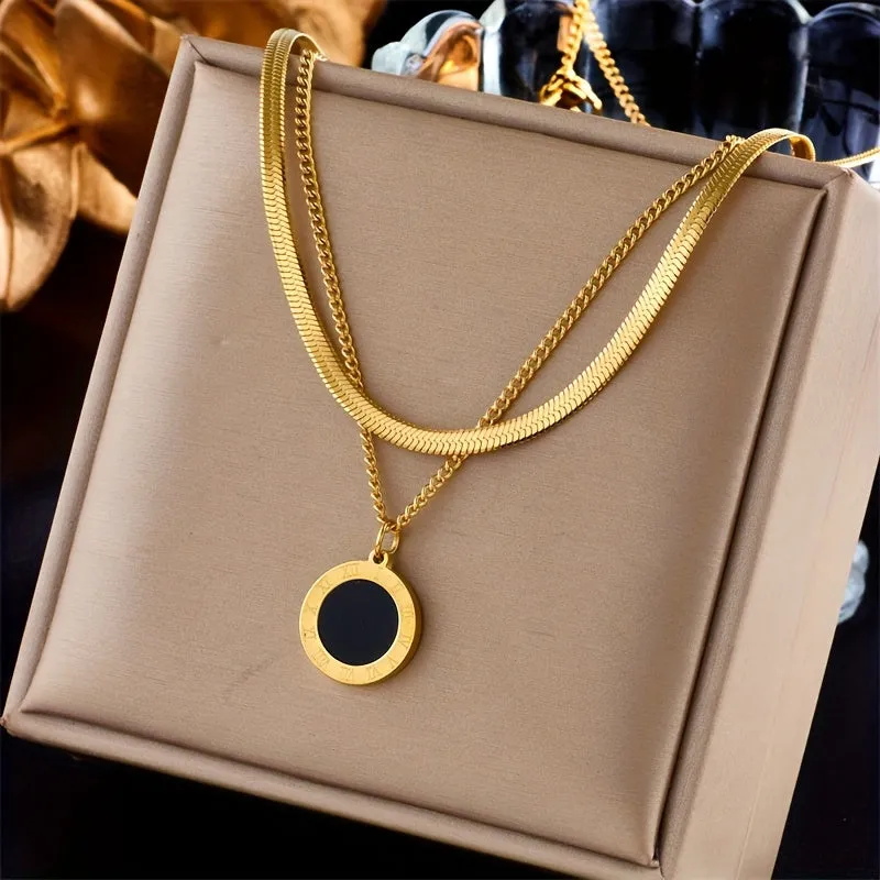 Stainless Steel Double Layer Necklace with Roman Numeral Coin Pendant