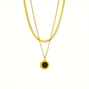 Stainless Steel Double Layer Necklace with Roman Numeral Coin Pendant
