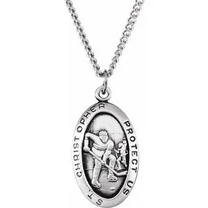 Sterling Silver 24.5x15.5 mm St. Christopher Hockey Medal Necklace