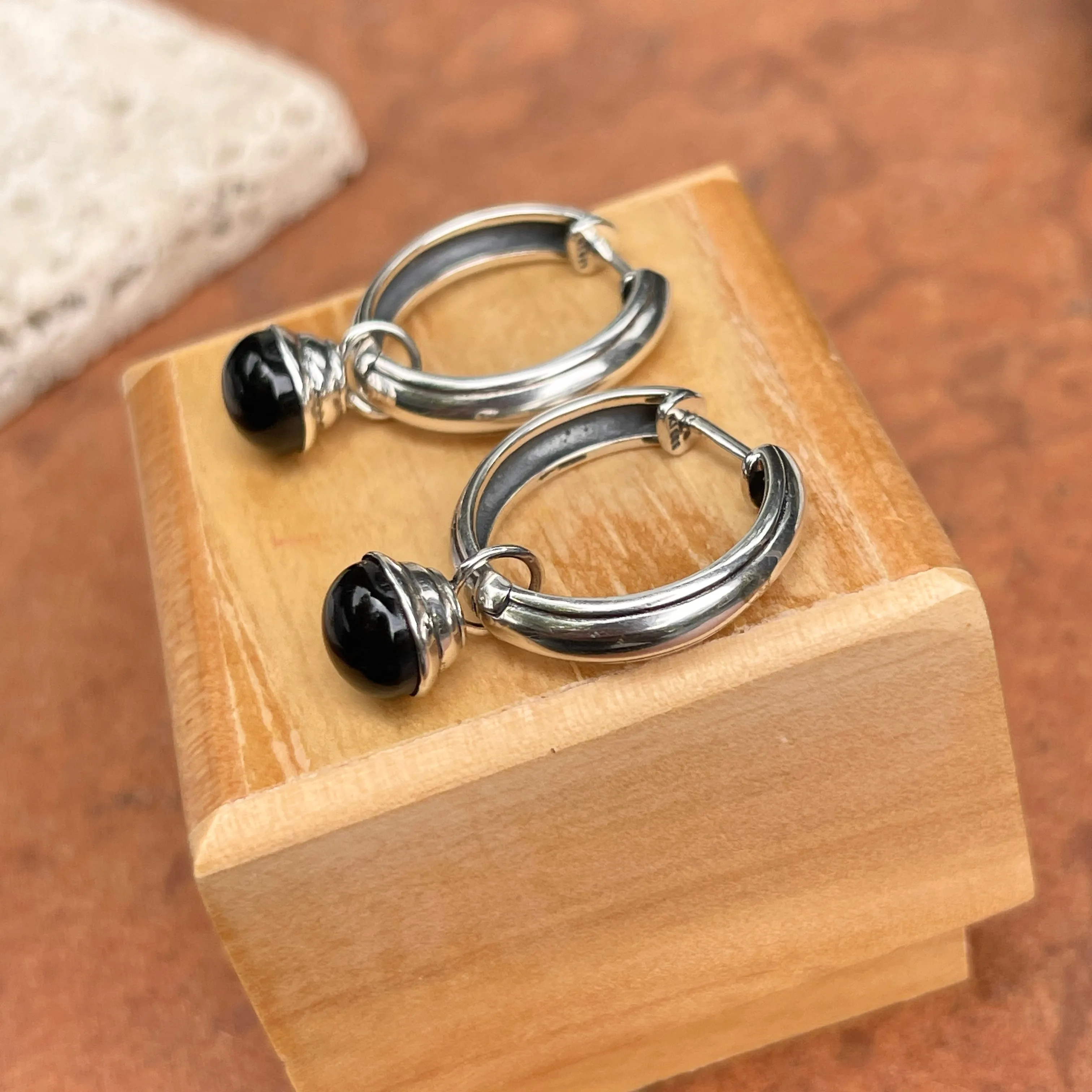 Sterling Silver Black Onyx Charm Round Hoop Earrings