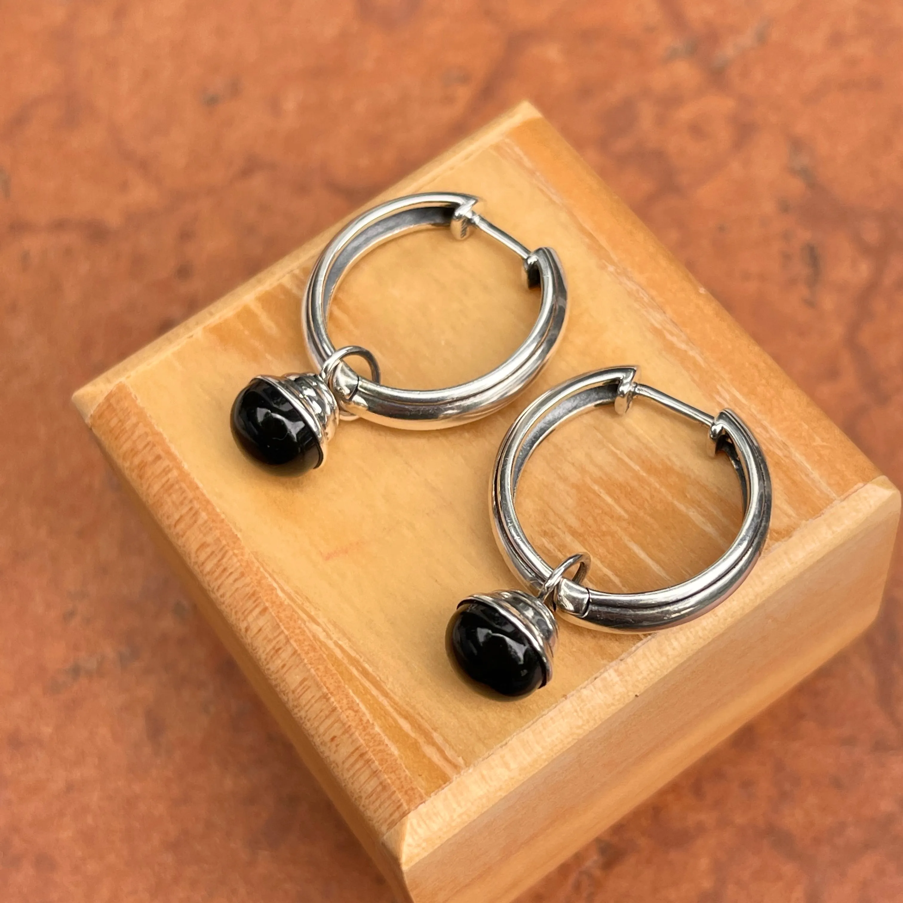 Sterling Silver Black Onyx Charm Round Hoop Earrings