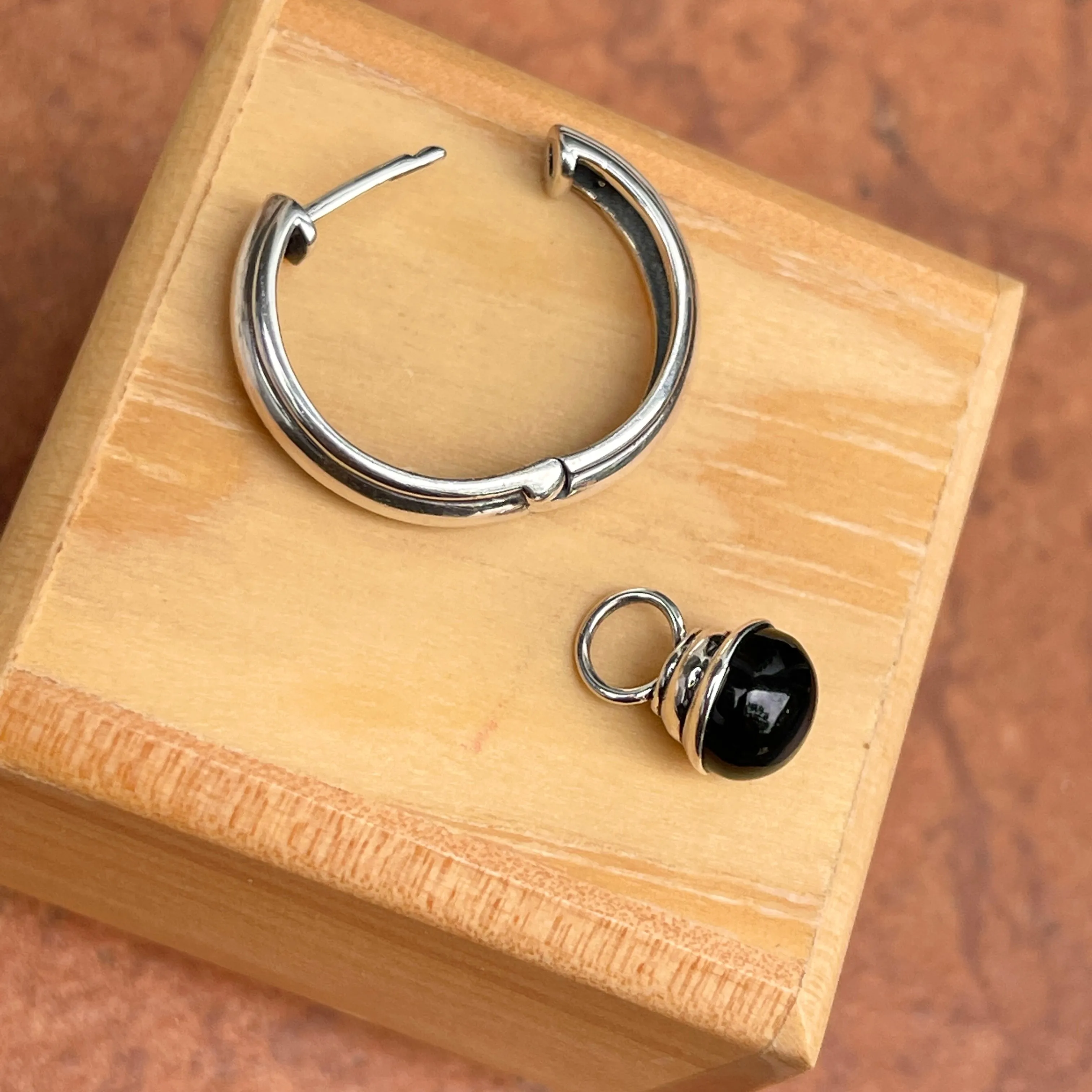 Sterling Silver Black Onyx Charm Round Hoop Earrings