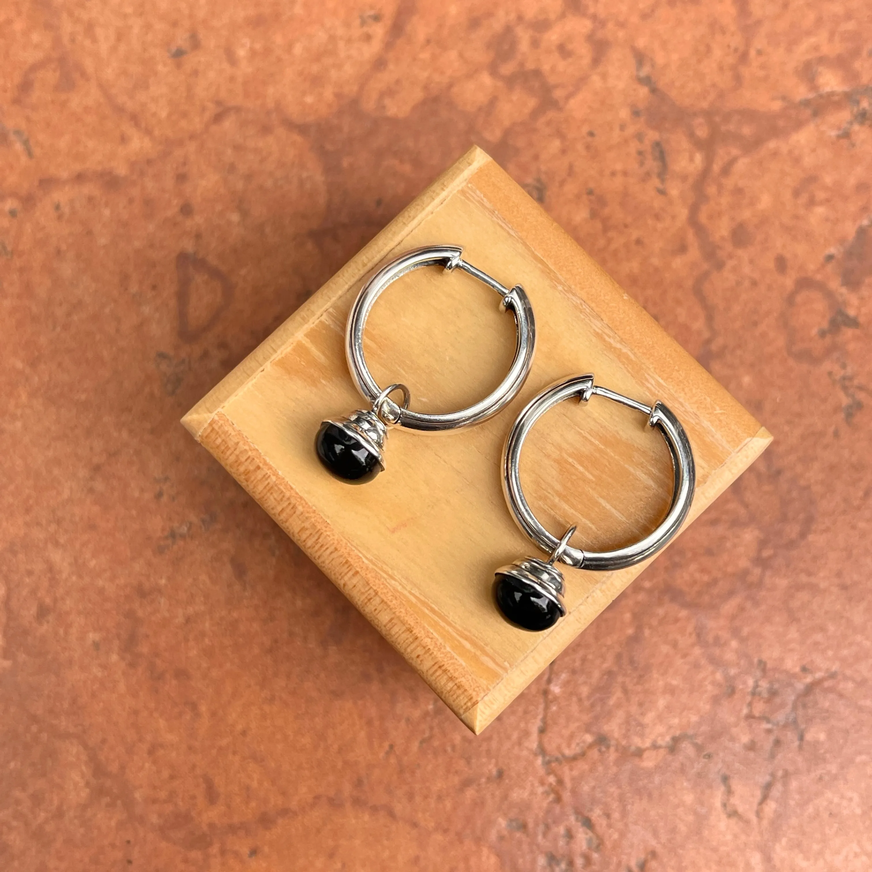 Sterling Silver Black Onyx Charm Round Hoop Earrings