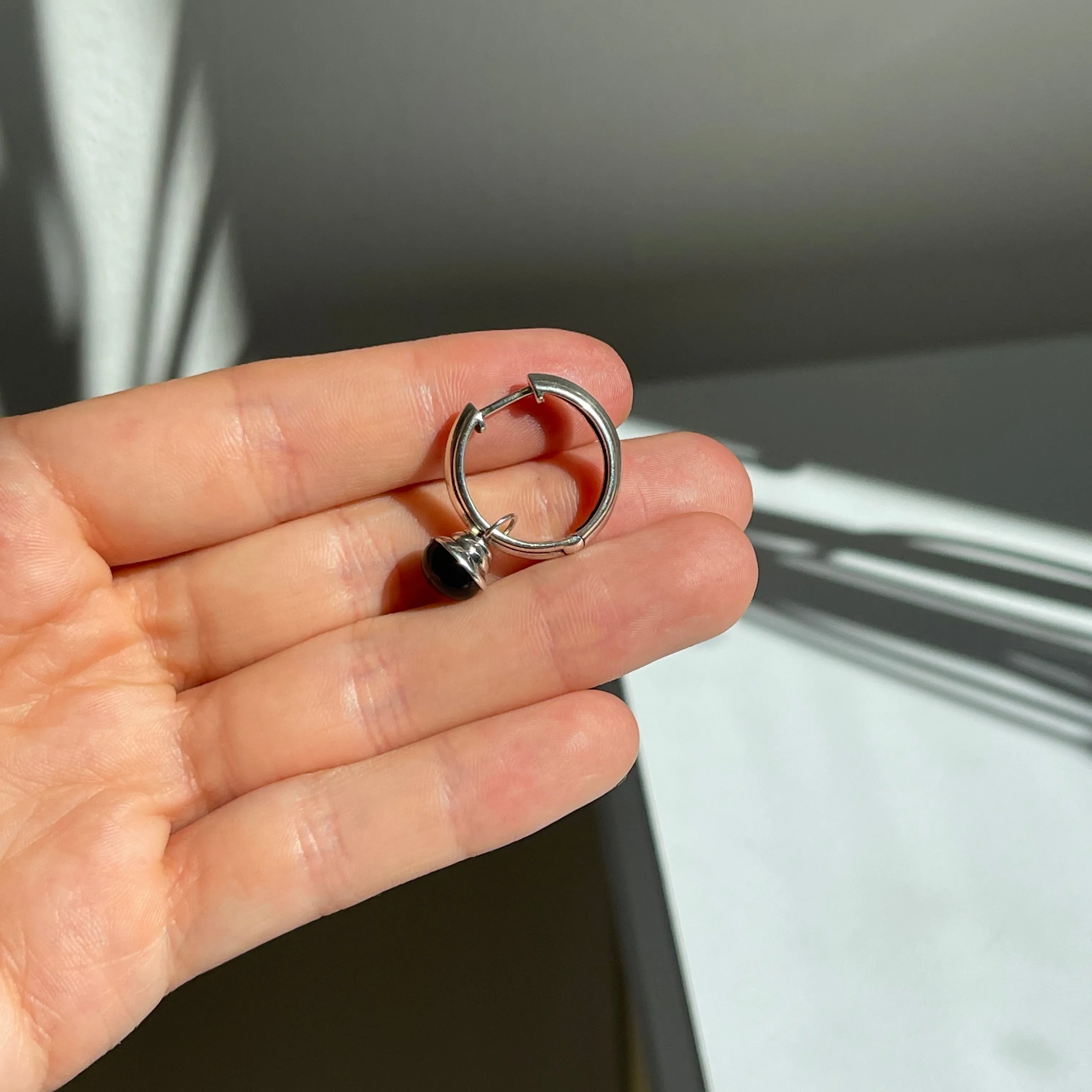 Sterling Silver Black Onyx Charm Round Hoop Earrings