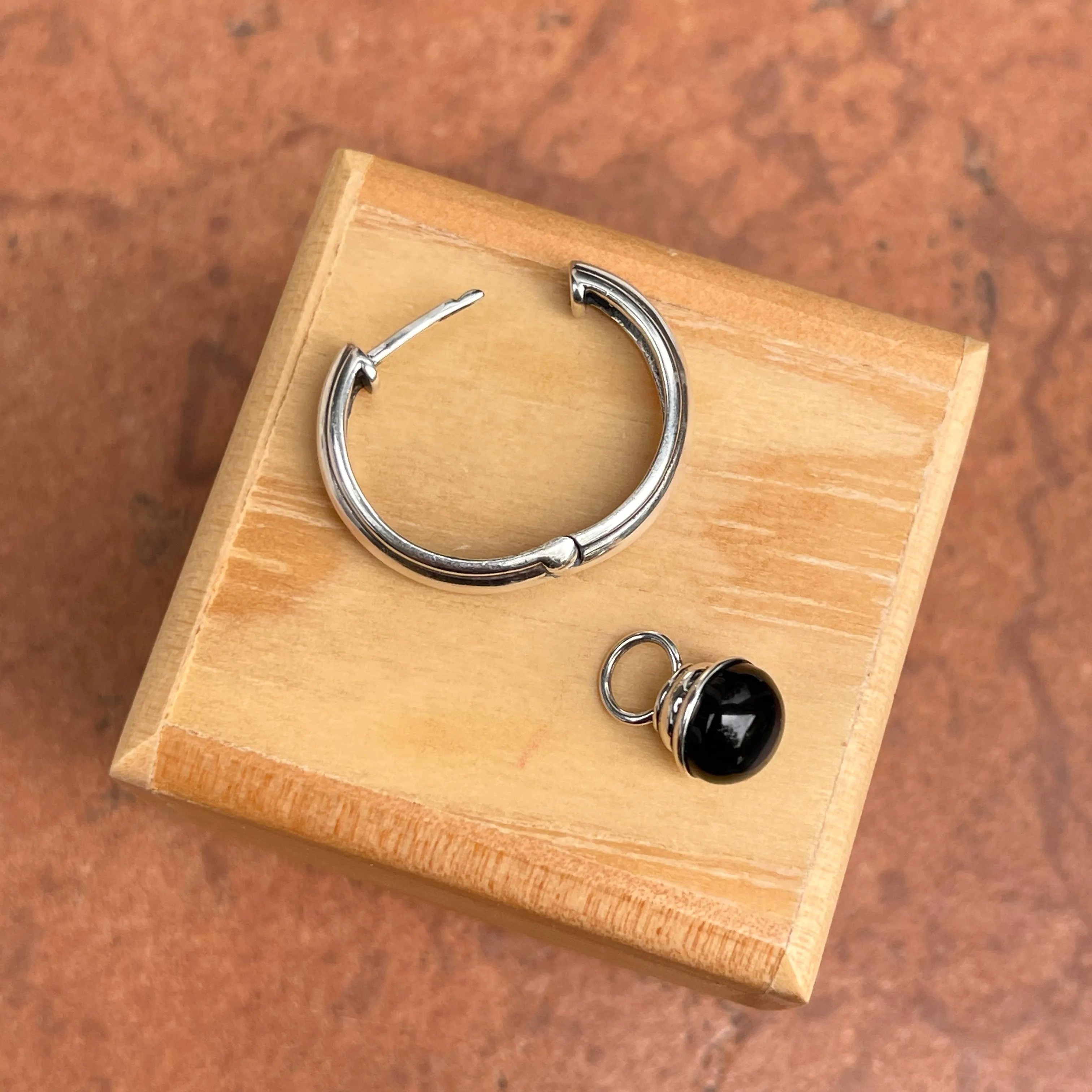Sterling Silver Black Onyx Charm Round Hoop Earrings