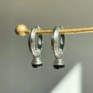 Sterling Silver Black Onyx Charm Round Hoop Earrings