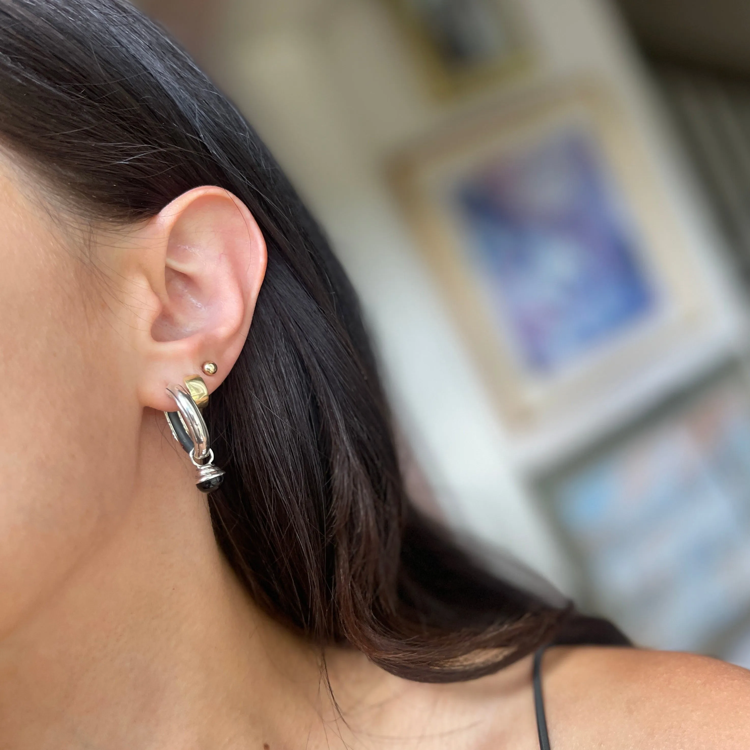 Sterling Silver Black Onyx Charm Round Hoop Earrings