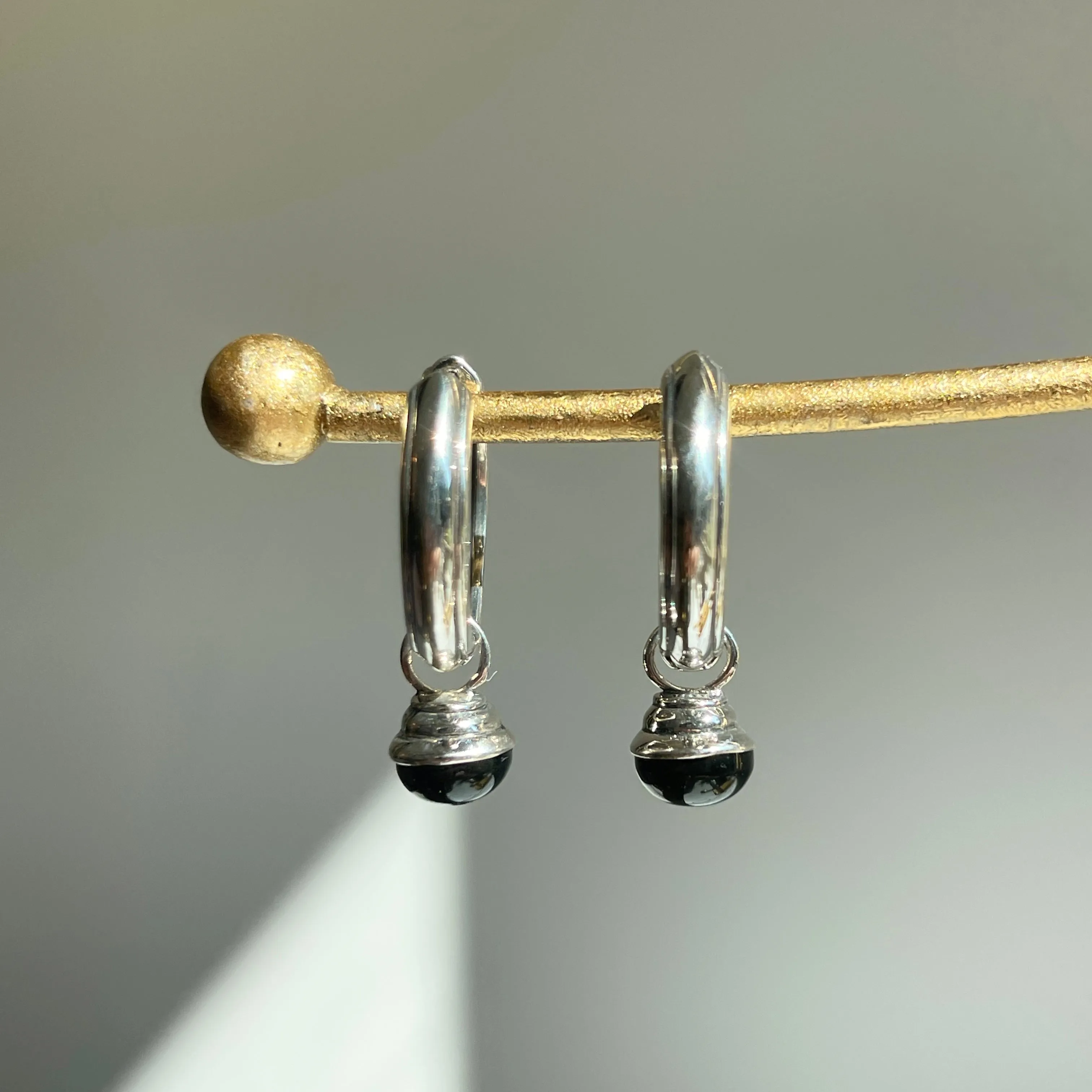 Sterling Silver Black Onyx Charm Round Hoop Earrings