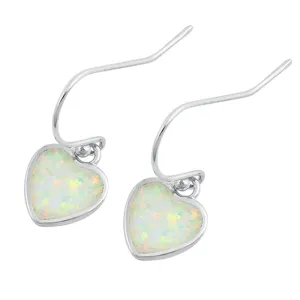 Sterling Silver Dangling Heart Love Elegant Earrings White Synthetic Opal 925