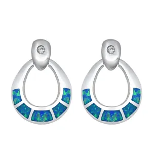 Sterling Silver Elegant Mosaic Classic Earrings Blue Synthetic Opal Clear CZ 925