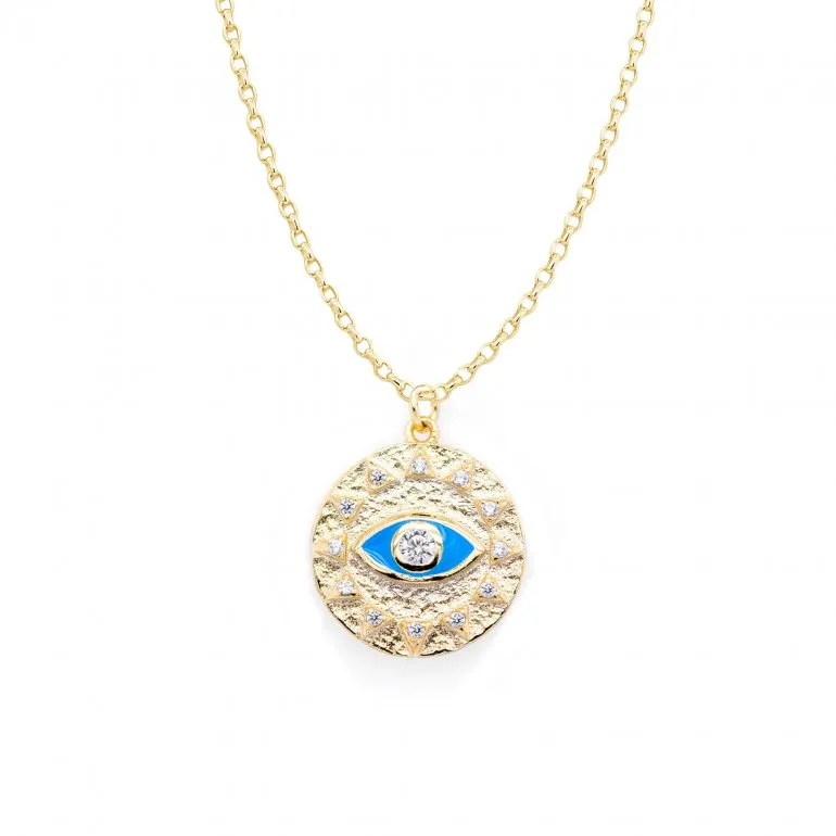 Sterling Silver Gold Plated CZ Evil Eye Sun Coin Necklace