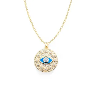 Sterling Silver Gold Plated CZ Evil Eye Sun Coin Necklace