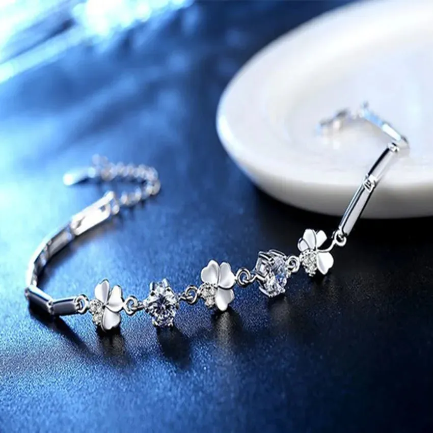 Sterling Silver Zircon Lucky Clover Shaped Bracelet Crystals Chain for Women