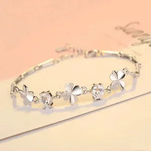 Sterling Silver Zircon Lucky Clover Shaped Bracelet Crystals Chain for Women