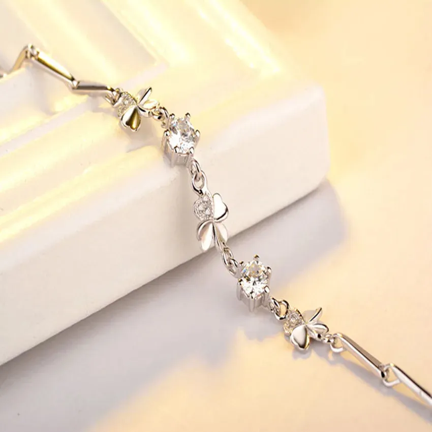 Sterling Silver Zircon Lucky Clover Shaped Bracelet Crystals Chain for Women