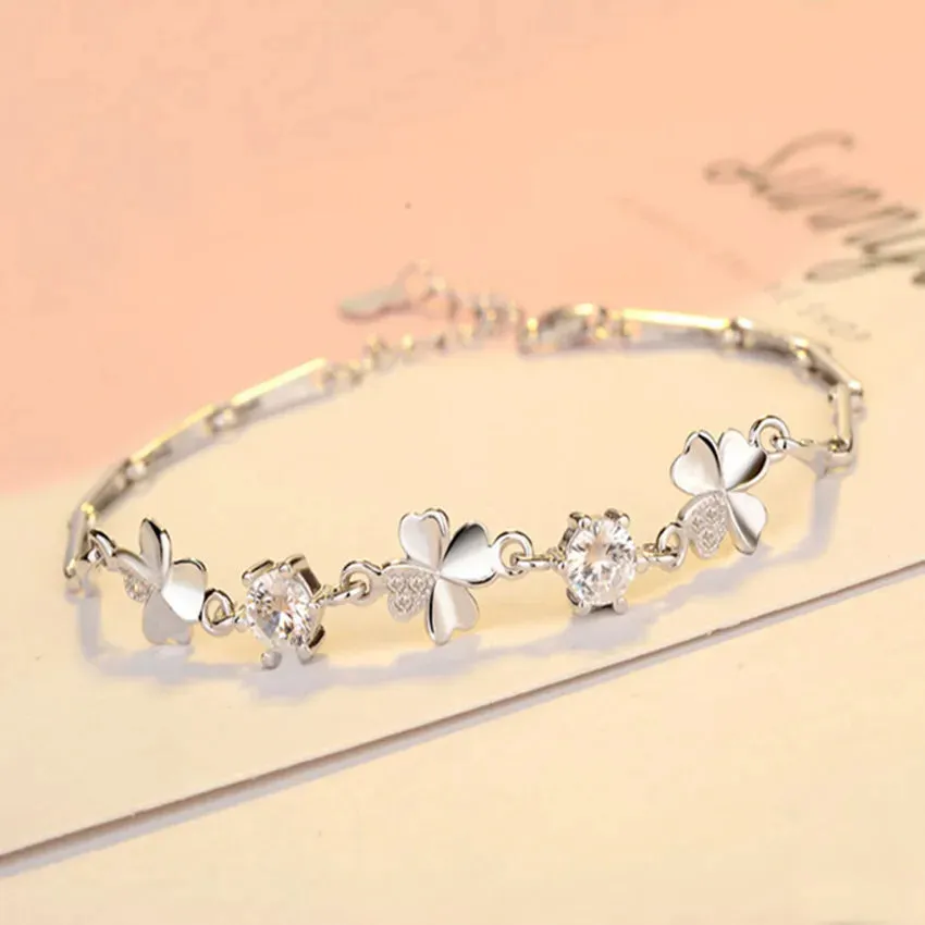 Sterling Silver Zircon Lucky Clover Shaped Bracelet Crystals Chain for Women