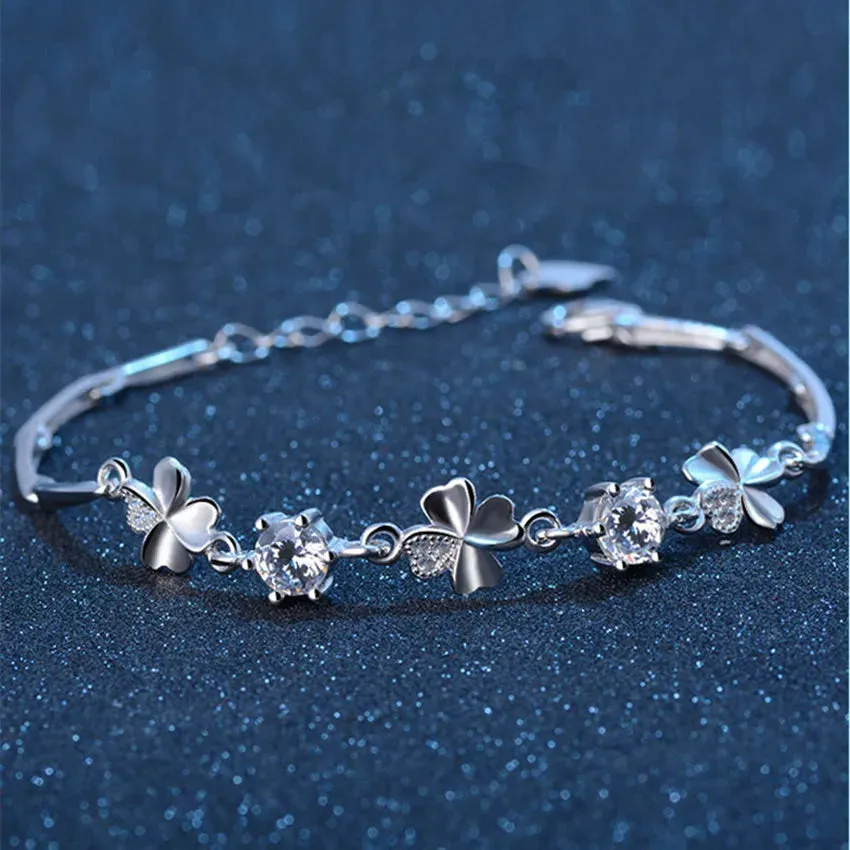 Sterling Silver Zircon Lucky Clover Shaped Bracelet Crystals Chain for Women