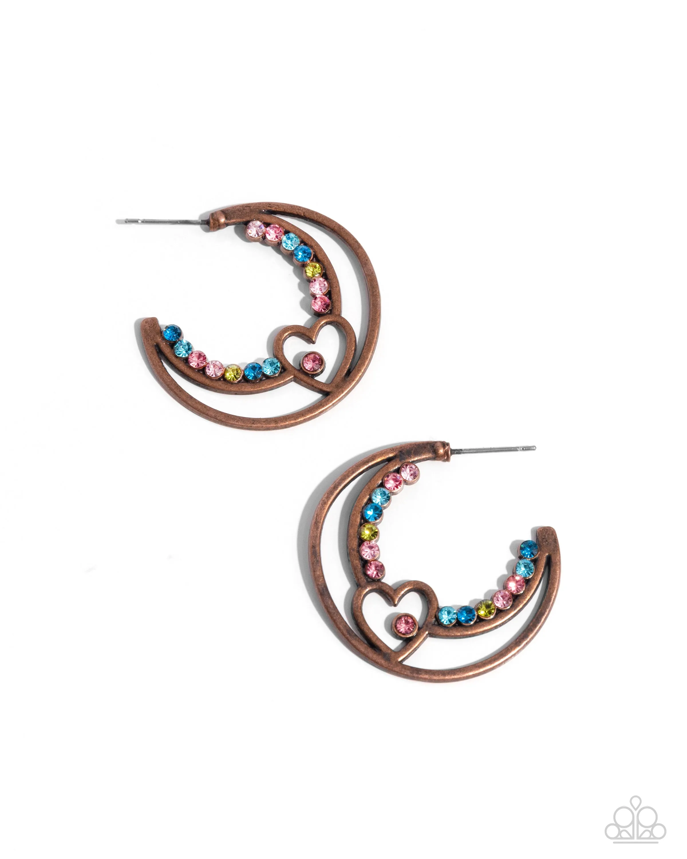 Sympathetic Sweetheart - Copper - Heart Colorful Rhinestone Encrusted Paparazzi Hoop Earrings