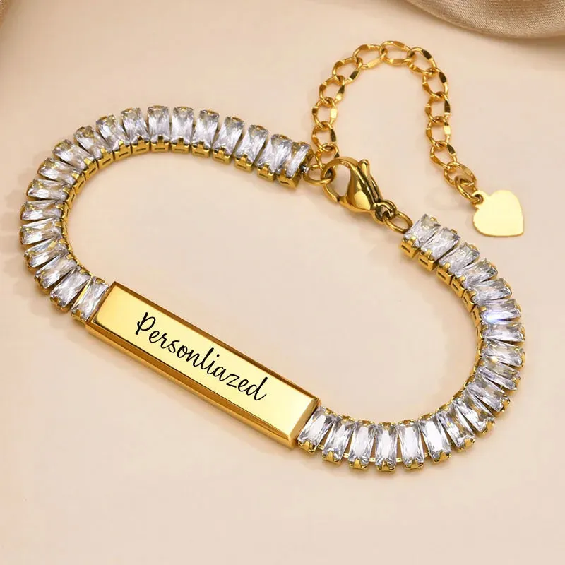 Tennis Bracelets for Women with Free Engraving Stainless Steel Personalized ID Bar Jewelry Gift