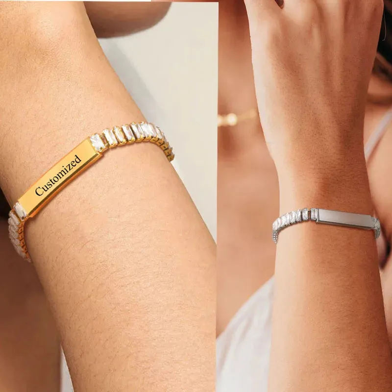 Tennis Bracelets for Women with Free Engraving Stainless Steel Personalized ID Bar Jewelry Gift