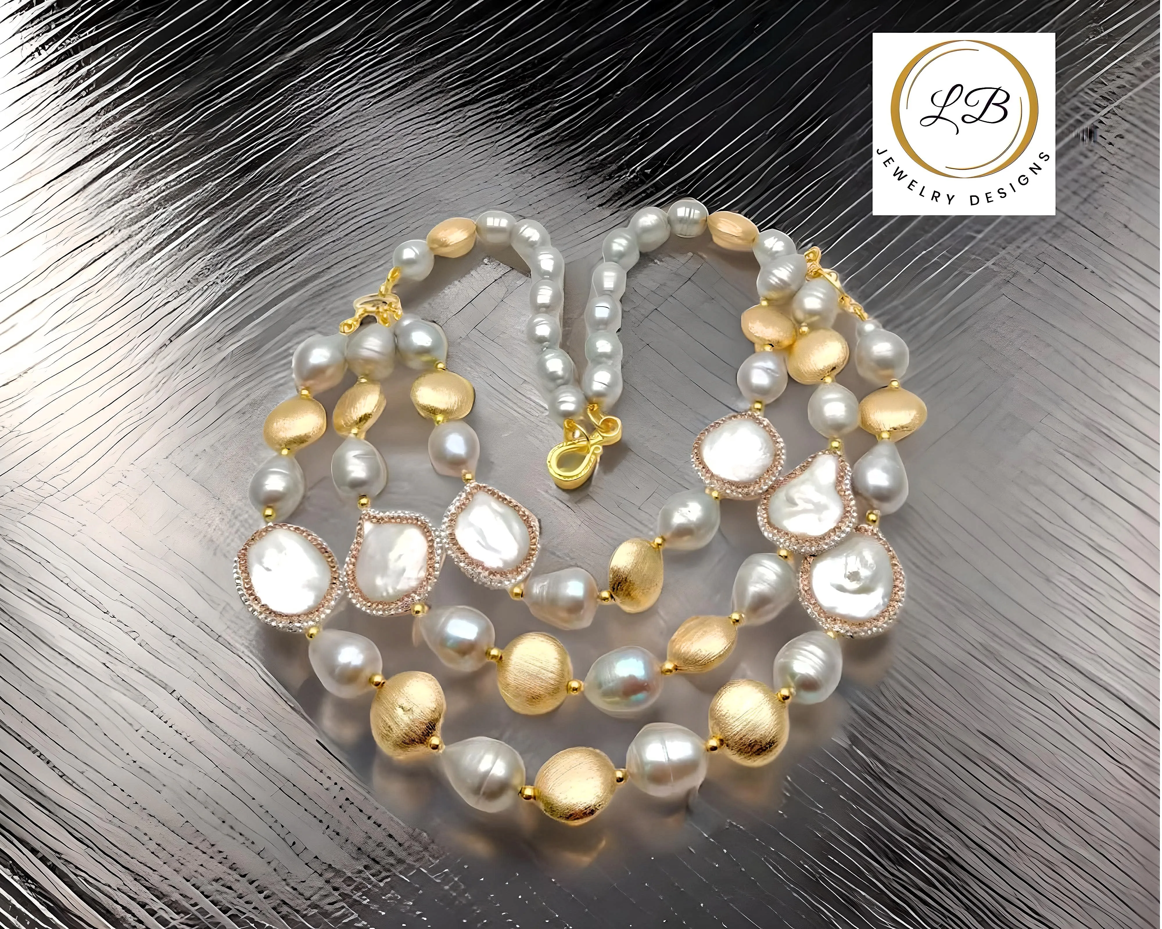 Three Strand 18k Brushed Gold Vermeil and Pearl Statement Necklace 20" - 23"