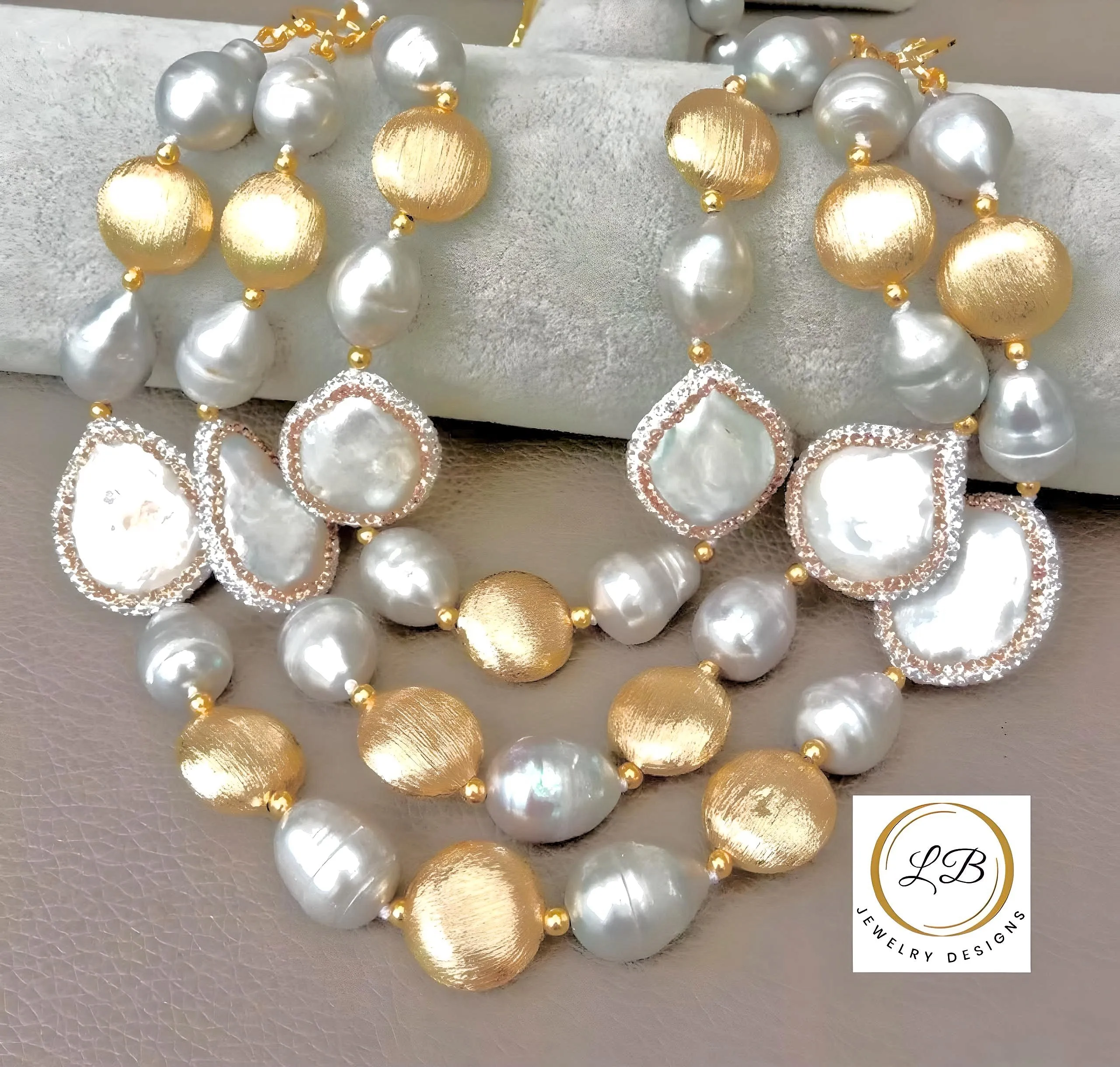 Three Strand 18k Brushed Gold Vermeil and Pearl Statement Necklace 20" - 23"