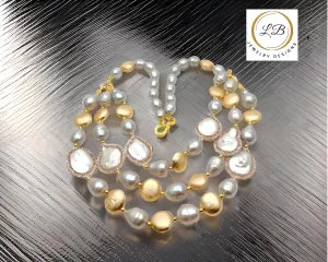 Three Strand 18k Brushed Gold Vermeil and Pearl Statement Necklace 20" - 23"