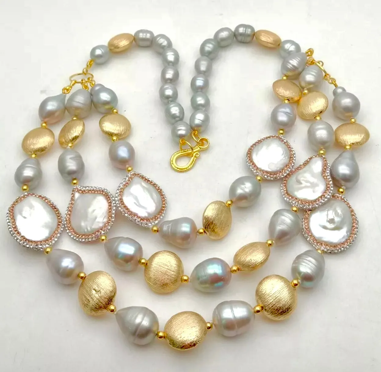 Three Strand 18k Brushed Gold Vermeil and Pearl Statement Necklace 20" - 23"