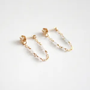 Tiny Gemstone Chain Hoop Stud Earrings - Morganite