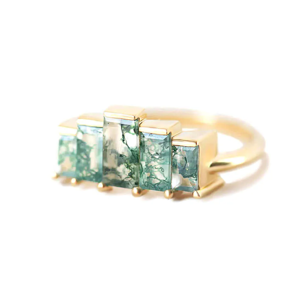Trendolla 18K Gold Multi-Arrangement Square Moss Agate And CZ Diamond Ring Set