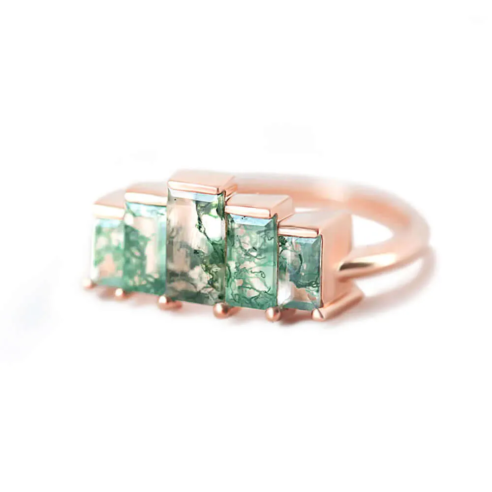 Trendolla 18K Gold Multi-Arrangement Square Moss Agate And CZ Diamond Ring Set