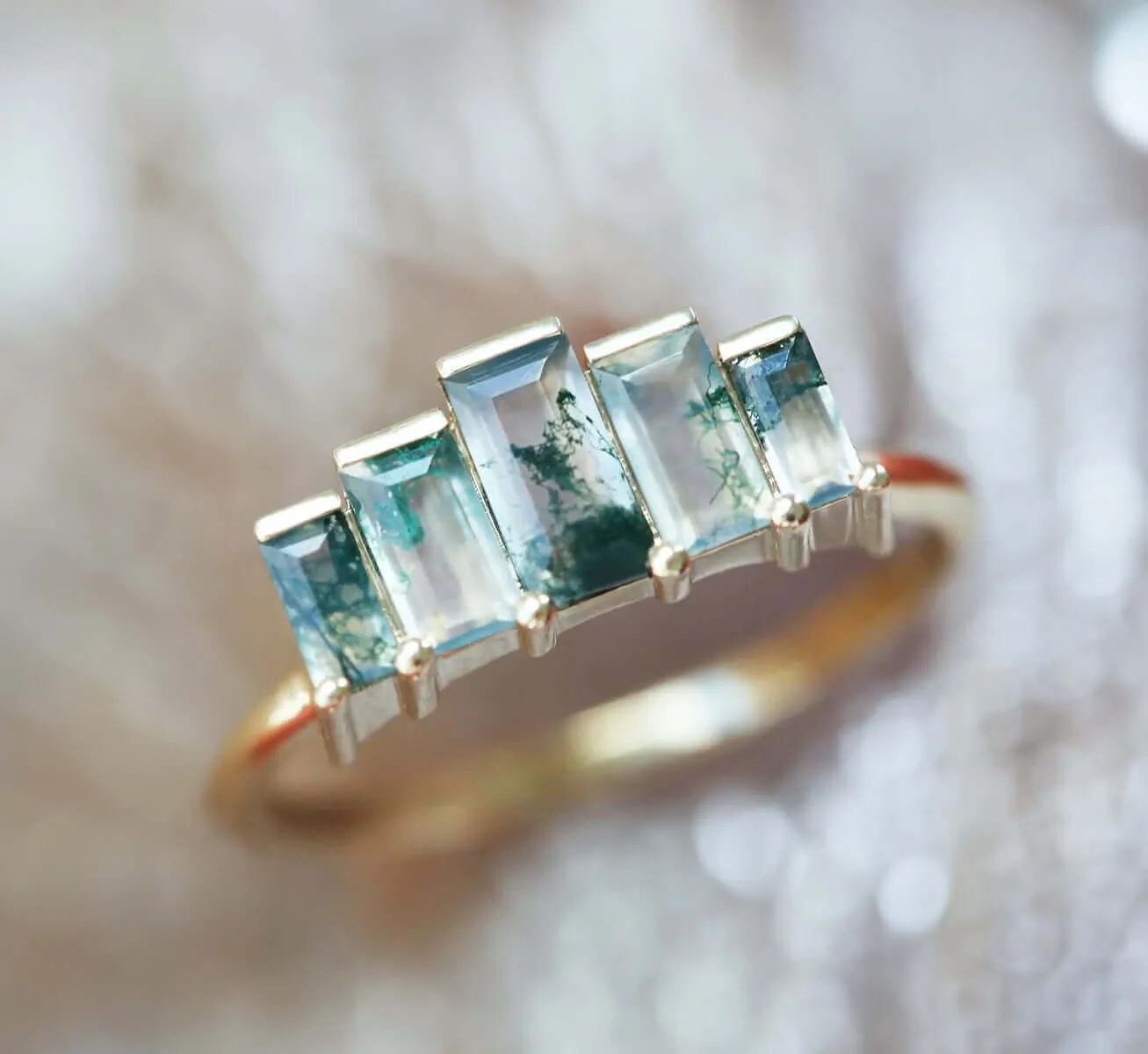Trendolla 18K Gold Multi-Arrangement Square Moss Agate And CZ Diamond Ring Set