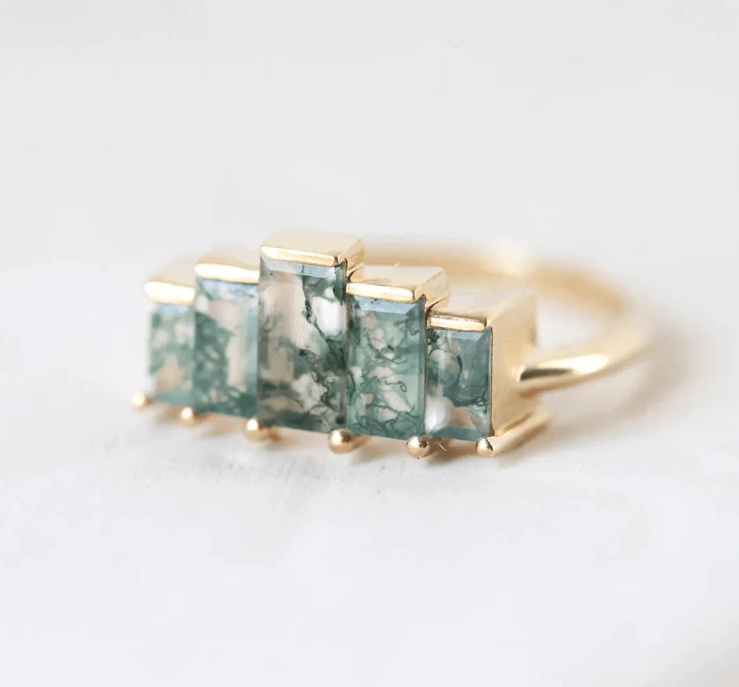 Trendolla 18K Gold Multi-Arrangement Square Moss Agate And CZ Diamond Ring Set