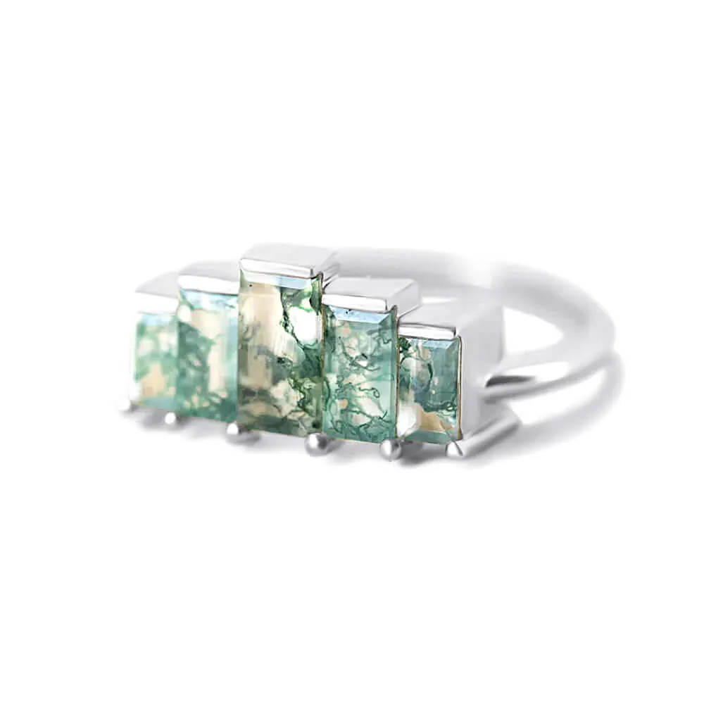 Trendolla 18K Gold Multi-Arrangement Square Moss Agate And CZ Diamond Ring Set