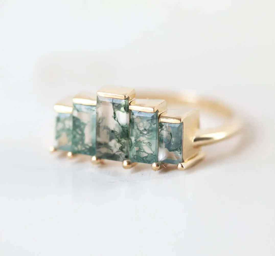 Trendolla 18K Gold Multi-Arrangement Square Moss Agate And CZ Diamond Ring Set