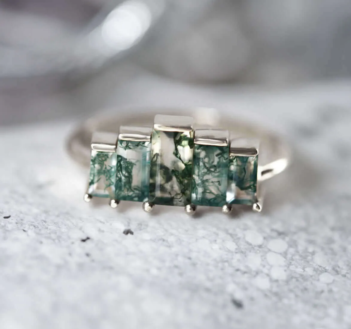 Trendolla 18K Gold Multi-Arrangement Square Moss Agate And CZ Diamond Ring Set