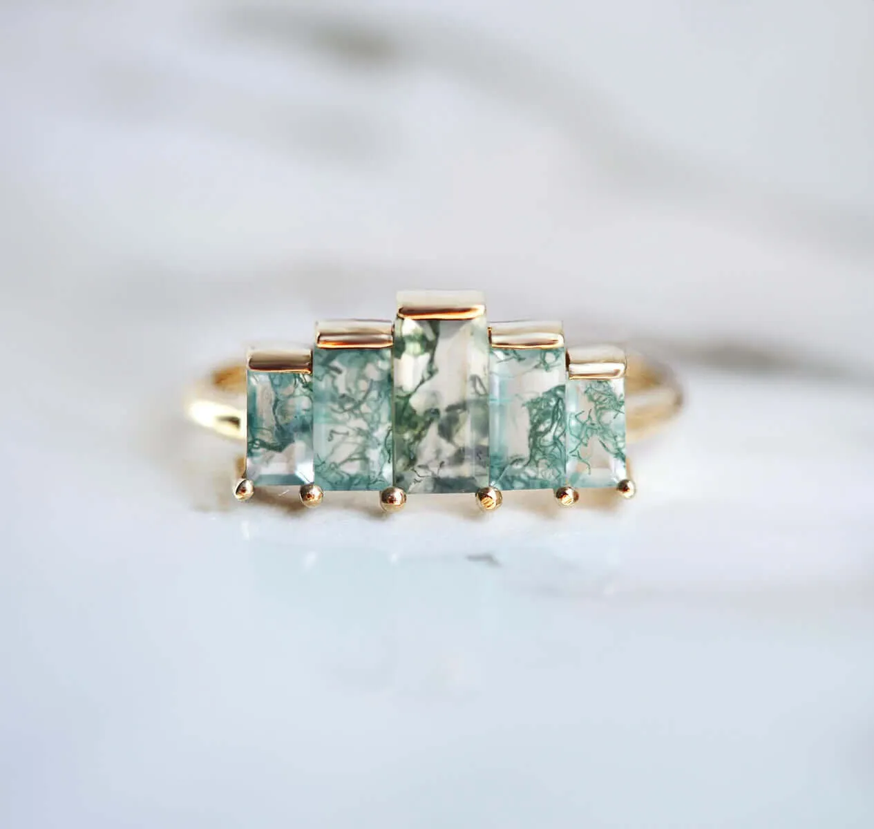 Trendolla 18K Gold Multi-Arrangement Square Moss Agate And CZ Diamond Ring Set