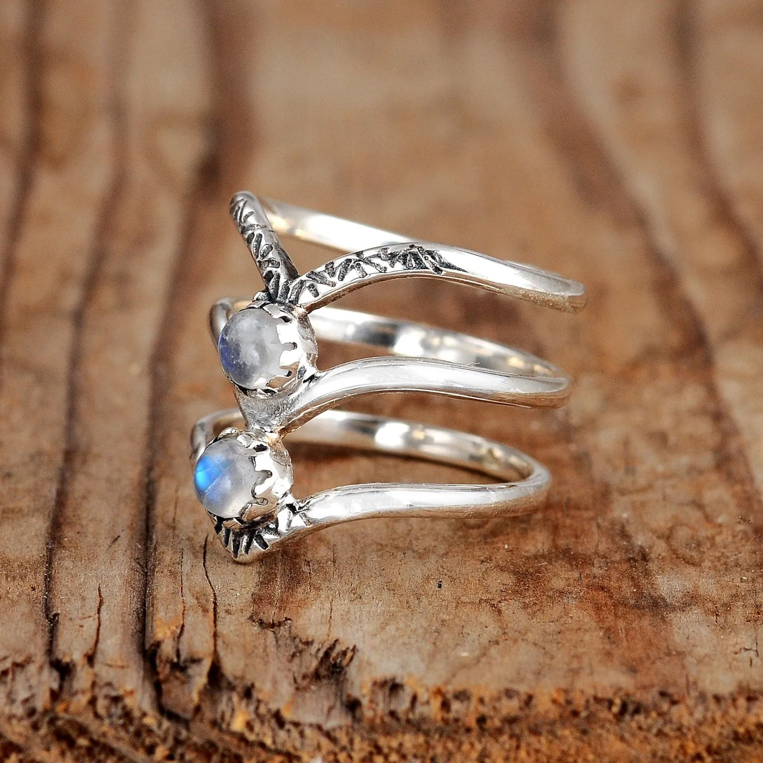 Triple Chevron Boho Ring with Moonstone Sterling Silver