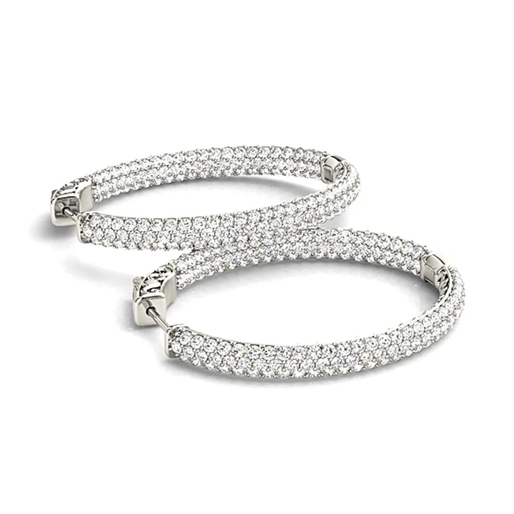 Triple Row 4.40 ctw Diamond Pave Hoop Earrings Pave Set Inside-Out