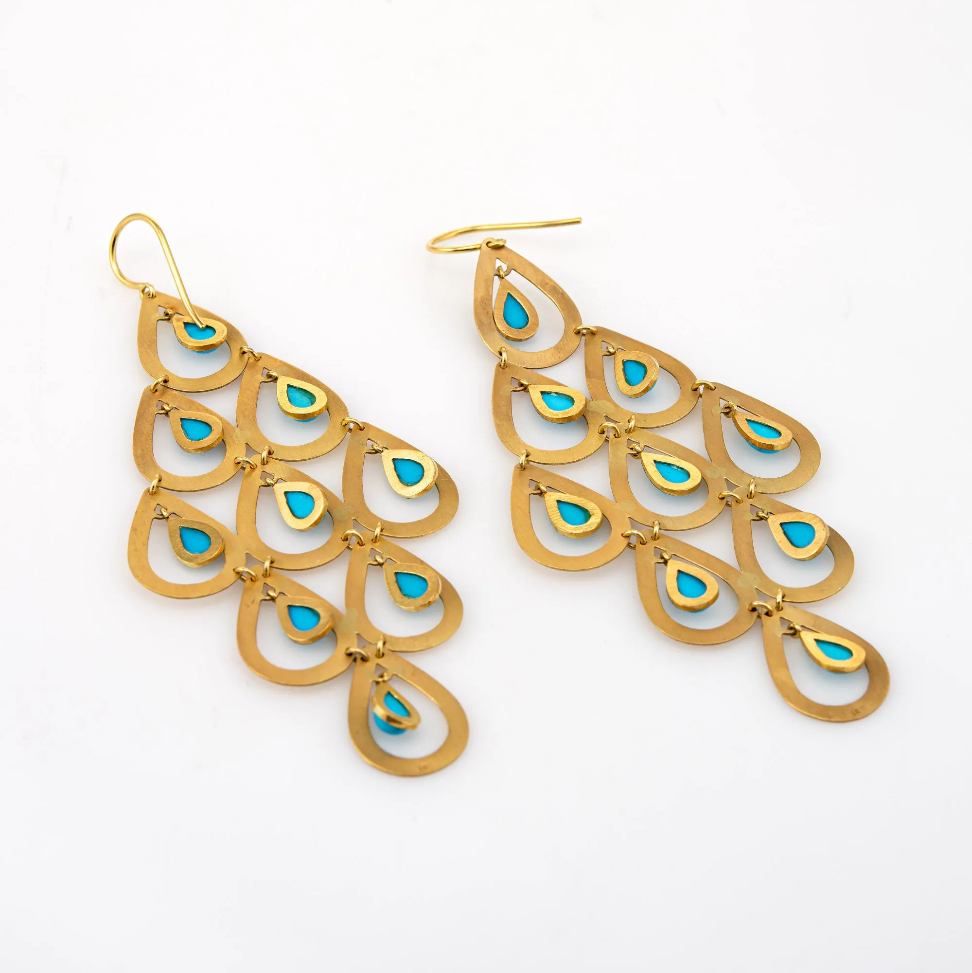 Turquoise Drop Earrings Estate 18k Yellow Gold Long 3" Drops Large Chandelier