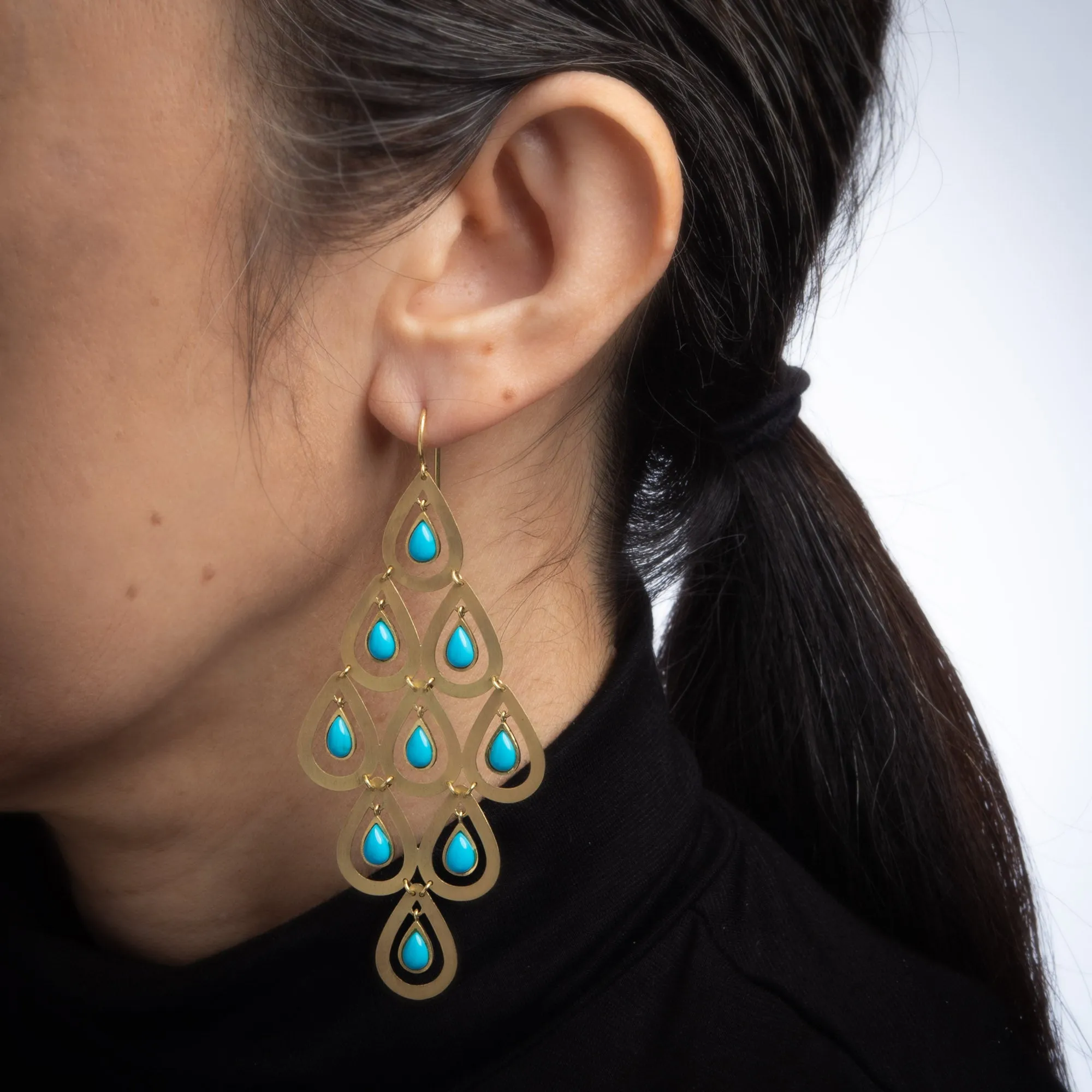 Turquoise Drop Earrings Estate 18k Yellow Gold Long 3" Drops Large Chandelier